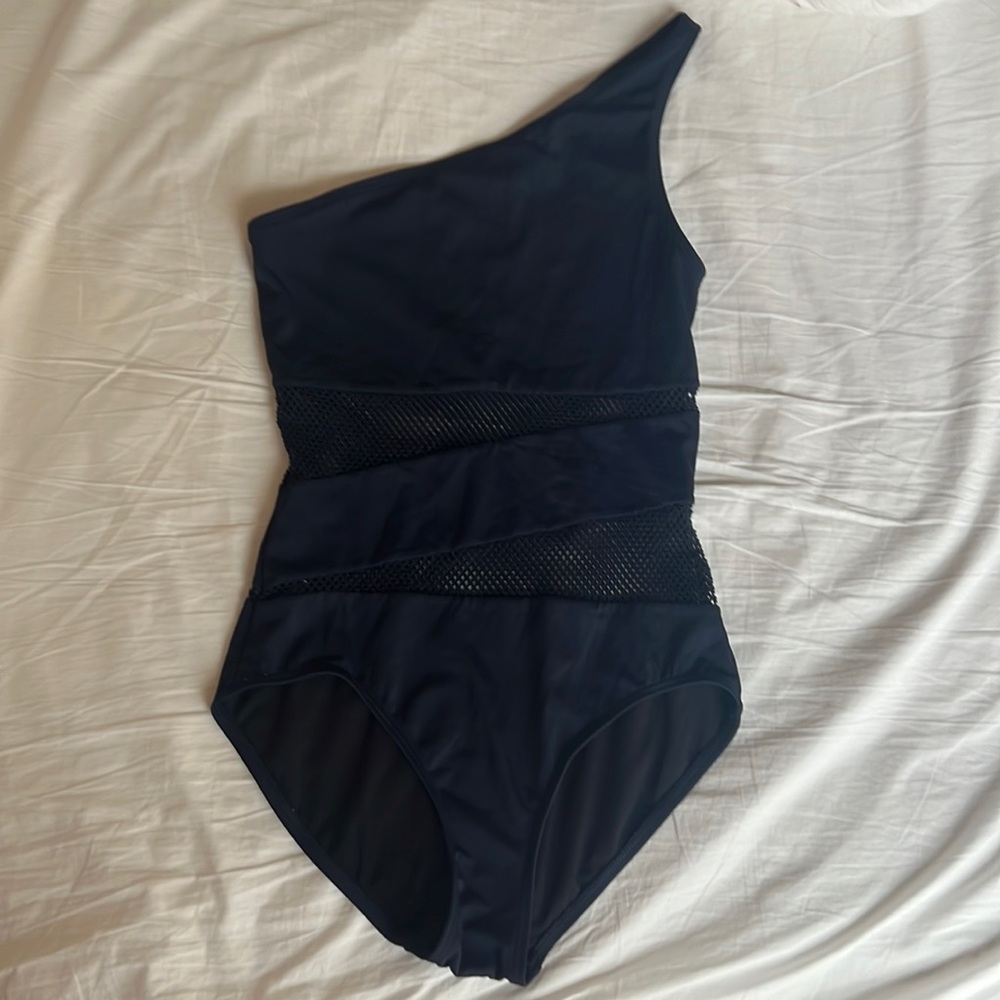 Carmen Marc Valvo one shoulder swimsuit with mesh cutouts